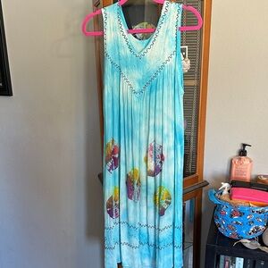 Blue Sleeveless Bohemian Dress with Floral Accents
